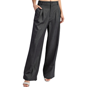Gray White Pinstripe Wide Leg Trousers Straight Pleated Front High Rise Pants